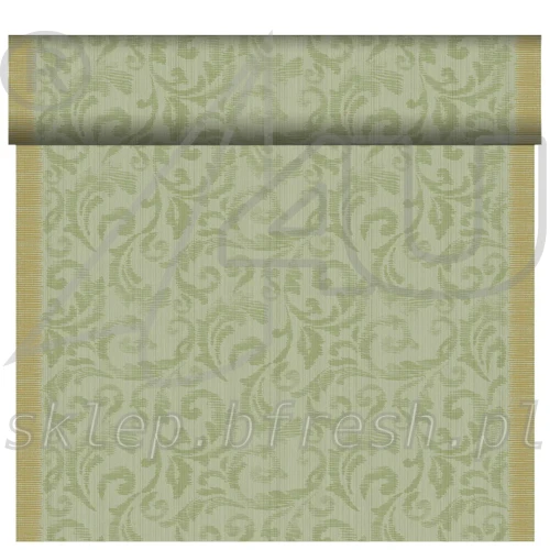 Pistacjowy bieżnik flizelinowy Duni Rich Damast 40 cm × 24 m z eleganckim złocistym ornamentem roślinnym