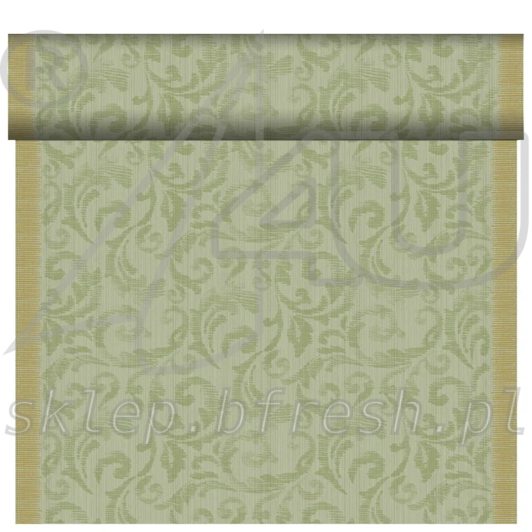 Pistacjowy bieżnik flizelinowy Duni Rich Damast 40 cm × 24 m z eleganckim złocistym ornamentem roślinnym