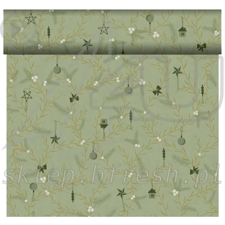Pistacjowy bieżnik świąteczny flizelinowy Duni Noel Pistachio 40 cm × 24 m z gałązkami, bombkami i gwiazdkami