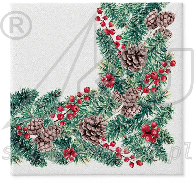 Białe serwetki flizelinowe PAW Winter Branches 40×40 cm z zielonymi gałązkami iglastymi, szyszkami i czerwonymi owocami
