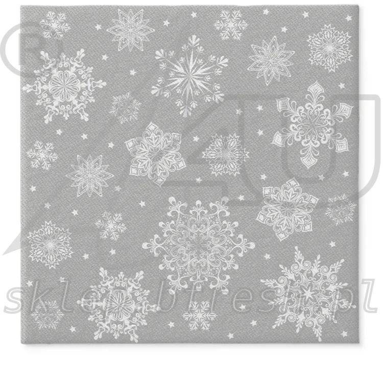 Srebrne serwetki flizelinowe PAW Snowflakes Silver 40×40 cm z białymi śnieżynkami o różnych kształtach i rozmiarach