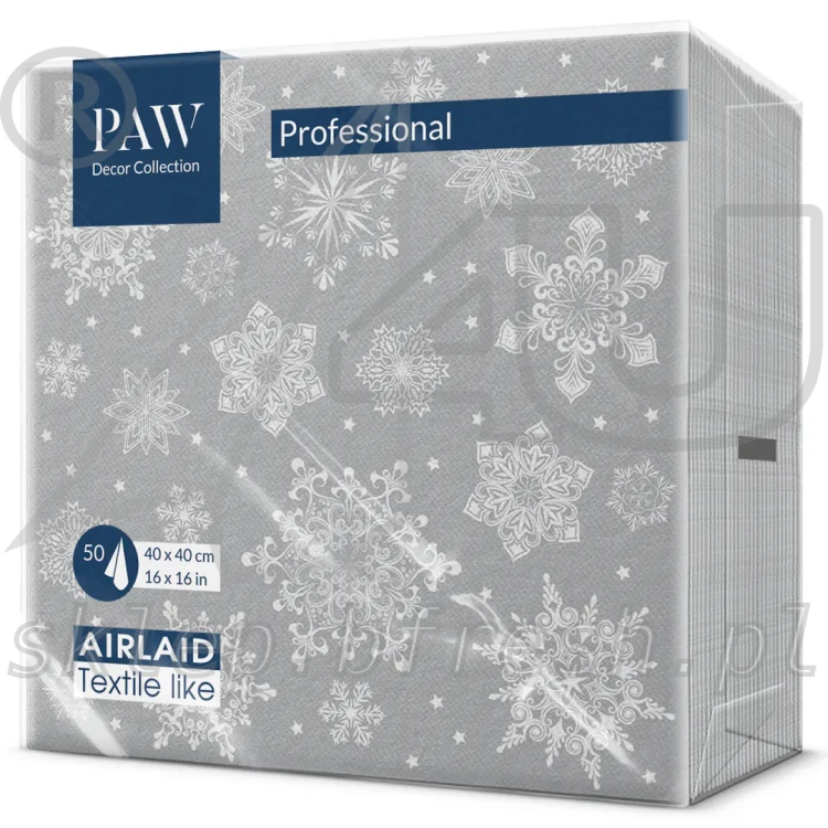 Serwetki na Boże Narodzenie i Wigilię w kolorze srebrnym z dekoracyjnym wzorem białych płatków śniegu, PAW Snowflakes Silver